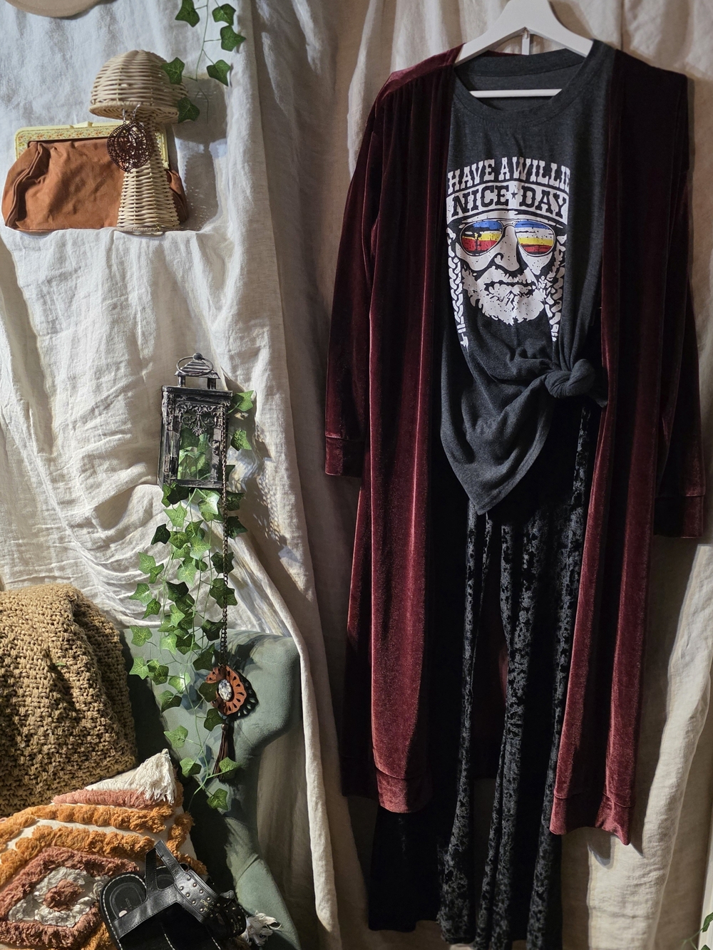 Boho Chic Burgundy Velvet Duster Cardigan